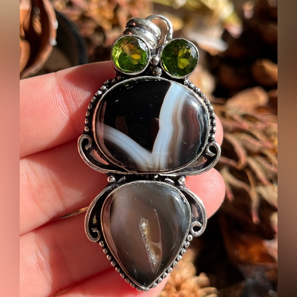 925 silver overlay‎ druzy black agate pendant